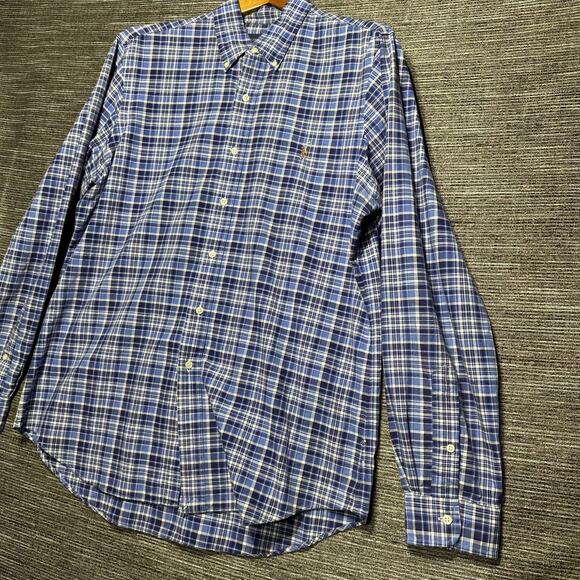 Ralph Lauren Shirt Men's Large Blue Plaid Long Sleeve Button Down Brown Pony - Picture 7 of 14